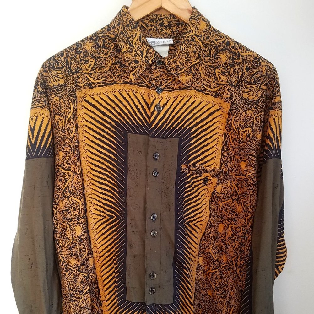 Wild Green & Gold Button Up LS Shirt- Large